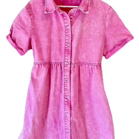 Pink Denim Button-Up Casual Dress Size L Collared Babydoll - Picture 4 of 8